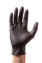 Hand in black rubber glove isolated on white background. Raised up hand as a symbol of agreement or support, closeup
