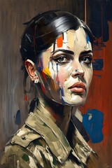 Portrait of a female soldier in military uniform. Abstract oil painting. Created with generative AI