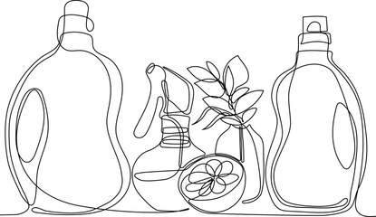 Continuous one line drawing of bottles for liquid laundry detergent, bleach, fabric softener, dishwashing liquid or another cleaning agent. Easy to place your text and brand logo. Vector illustration