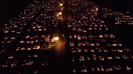 All Saints Day in Poland - drone aerial footage nighttime. High quality 4k footage