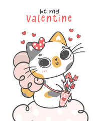 Cute Valentine cat with love letter envelope,  kawaii animal cartoon character doodle hand drawing