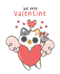 Cute Valentine cat with love letter envelope,  kawaii animal cartoon character doodle hand drawing