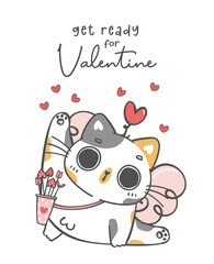 Adorable Cat Cupid with Arrows , kawaii Love-Themed Cartoon Character doodle hand drawing