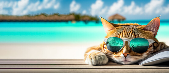 Cat wearing sunglasses relaxing sitting on deckchair in the sea background. vacation and travel concept. digital art, generative ai
