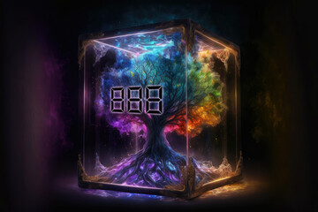 Angel Number 888 in a Creation Chamber, AI Generated Image of Angel Number in a Symbolic Glass Fractal Container
