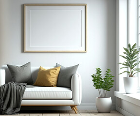 One Horizontal Blank Picture Frame Mockup on The Wall, Modern Minimallist White Living Room - Generative AI 