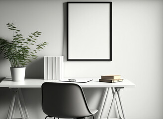 One Vertical Dark Brown Blank Picture Frame Mockup on The Wall, Modern Minimallist White Office Room - Generative AI 