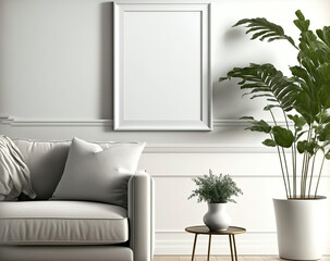 One Vertial White Blank Picture Frame Mockup on The Wall, Modern Minimallist White Living Room - Generative AI 