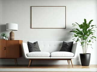 Mid Century Living Room One Square Horizontal Blank Picture Frame Mockup on The Wall,  - Generative AI 