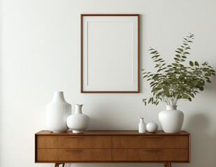 One Vertical Blank Picture Frame Mockup on The Wall, Mid Century Office Room - Generative AI 