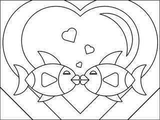 Two fish kissing in love. Valentine's day coloring illustration.