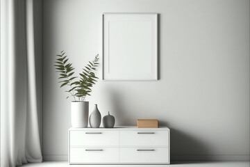 Modern White Living Room One Blank Picture Frame Mockup on White Wall,  - Generative AI 