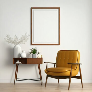 Mid Century Living Room, One Blank Picture Frame Mockup on The Wall  - Generative AI 