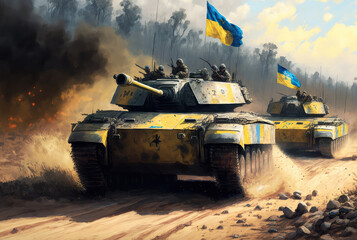 Illustration of a tank advancing on a dirty road in Ukraine. Ai Generative.