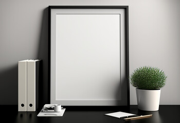 White Modern Office  Room Blank Picture Frame Mockup on White Wall - Generative AI 