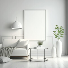 White Modern Living Room Blank Picture Frame Mockup on White Wall - Generative AI 