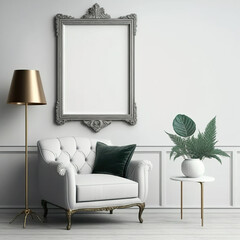 Vintage White Living Room Blank Picture Frame Mockup on White Wall - Generative AI 