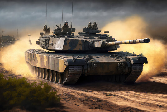 Illustration of advanced battle tank m1 abrams advancing on a dirty road. Military aid to Ukraine army, European plan to supply Ukraine with tanks. Ukraine-Russia war crisis.  Generative AI.