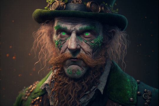 Irish zombie leprechaun photorealistic oil painting, St Patrick and Halloween, Generative AI.