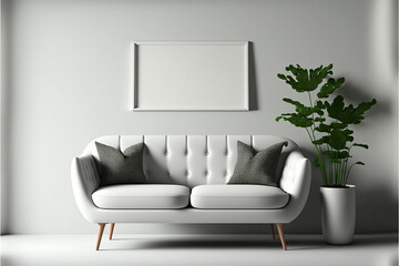 white wall background mockup with sofa furniture and decor, Generative AI
