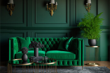 Background living room in green colors.Luxury interior design with green sofa, Generative AI