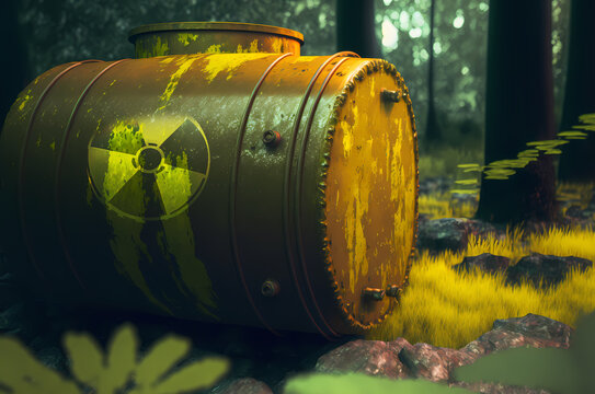 Yellow barrels for radiation waste stands in forest. Concept soil of Earth radioactive pollution. Generation AI