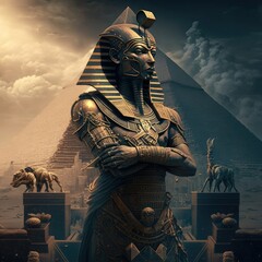 Ai Generated Image of Egyptian God Amun Ra, Ancient Egyptian Deity Ra with Pyramid - obrazy, fototapety, plakaty