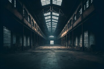 Fototapeta na wymiar Empty Abandoned Warehouse Dimly Lit