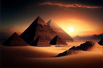 Fototapeta na wymiar egyptian pyramids in desert with evening sunset. Generative AI