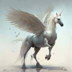 Luminous Pegasus Takes Flight, AI Generated Image of a White Unicorn with Wings