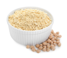 Chickpea flour in bowl and seeds isolated on white