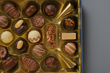 Assorted chocolate candies . Chocolate box. Milk chocolate candy.Sweets and desserts.Sweets box in assortment