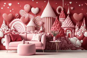 pink furniture , red  wall decorated Valentine's day , Generative AI