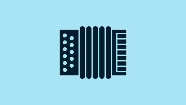 Blue Musical instrument accordion icon isolated on blue background. Classical bayan, harmonic. 4K Video motion graphic animation