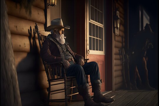 Old Wise Man On Porch Cowboy Rocking Chair Cinematic Lighting 8k 