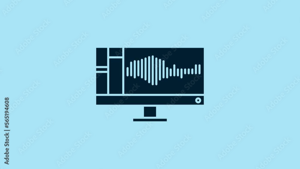 Poster blue sound or audio recorder or editor software on computer monitor icon isolated on blue background