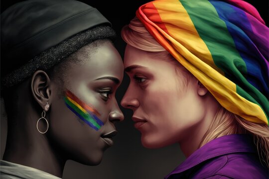 Side view of two lesbian women about to kiss. Inter-ethnic couple. Created with Generative AI technology.