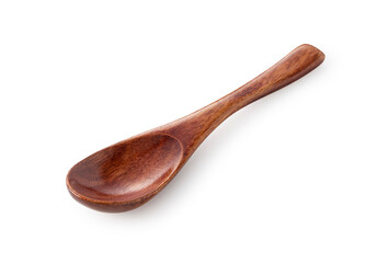 A wooden spoon placed on a white background.