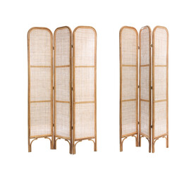 Set with photos of wooden room divider screen on white background