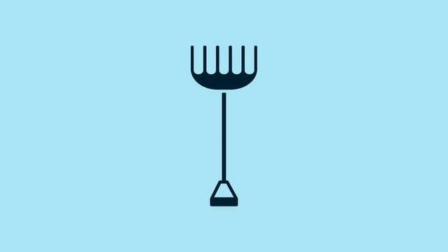 Blue Garden rake icon isolated on blue background. Tool for horticulture, agriculture, farming. Ground cultivator. Housekeeping equipment. 4K Video motion graphic animation