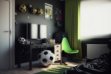 Boy football color bedroom. Colorfull, Soccer theme. Generative AI.