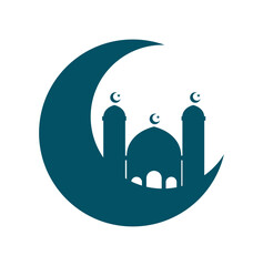 Illustration of moon and mosque in silhouette.