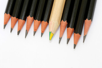 Multicolored pencil  in a group of black pencils. White background. Space for text. Selective focus