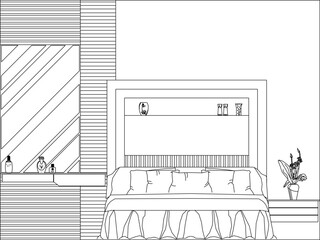 Vector sketch of modern minimalist bedroom interior illustration