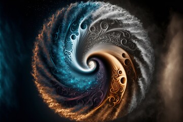 Elemental Fusion Fire Ice Dust Air - Desktop or wallpaper background. Four elements are spiralling together into a central vortex with small spiral vortex's generative.