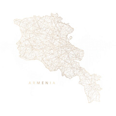 Fototapeta premium Low poly map of Armenia. Gold polygonal wireframe. Glittering vector with gold particles on white background. Vector illustration eps 10.