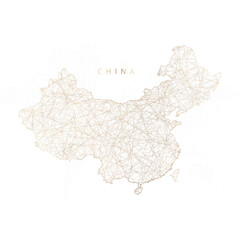 Low poly map of China. Gold polygonal wireframe. Glittering vector with gold particles on white background. Vector illustration eps 10.