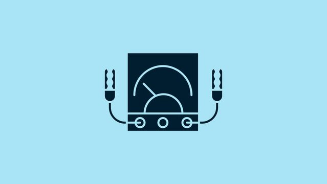 Blue Ampere meter, multimeter, voltmeter icon isolated on blue background. Instruments for measurement of electric current. 4K Video motion graphic animation