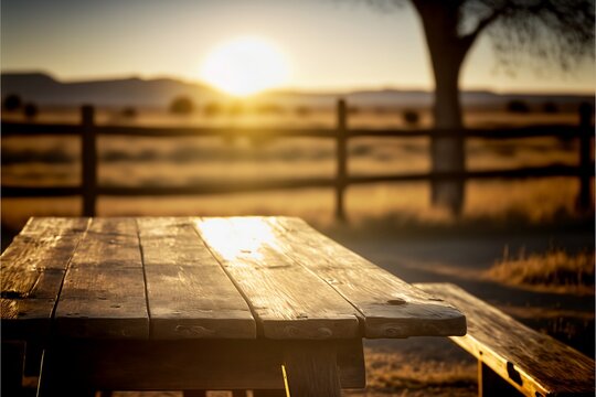 Holz Tisch mit l&auml;ndlicher Landschaft im Hintergrund, Produkthintergrund