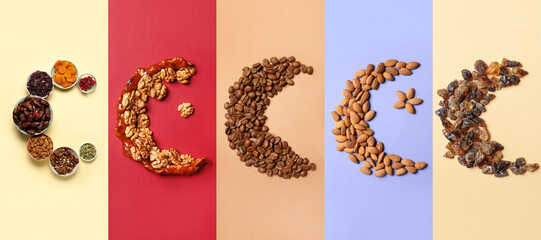 Group of crescents made of Arabic symbols on color background © Pixel-Shot